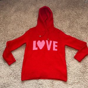 Red adult small cashmere sweater with hood and drawstring